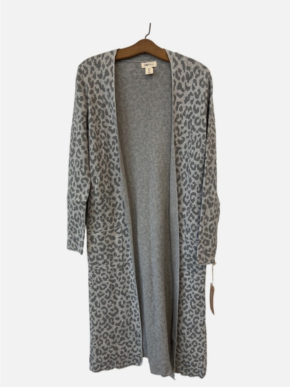 Long Open-Front Leopard Trench Cardigan - Gray